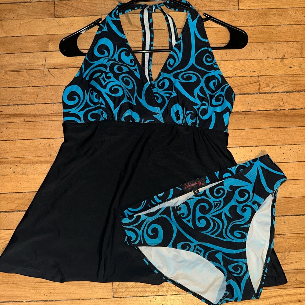 Maternity Women's Blue and Black Swirl Pattern Swim Dress